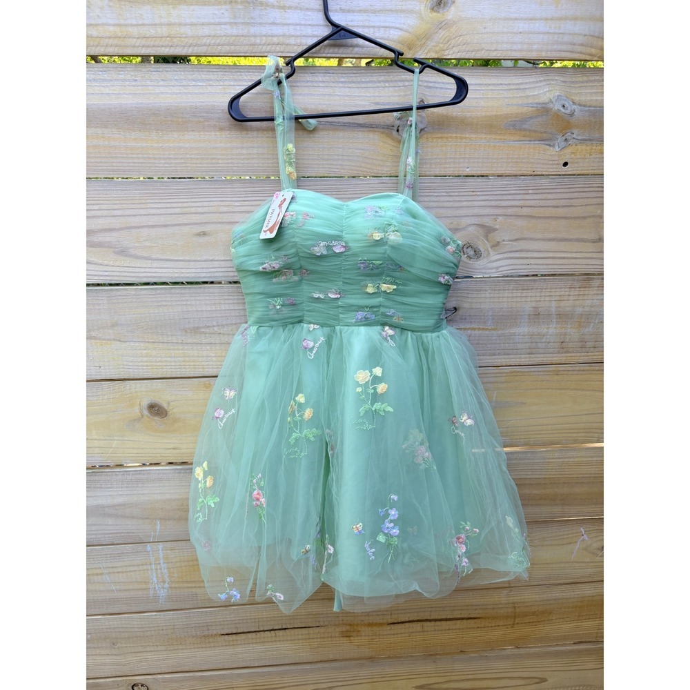 IWEMEK Sage Green Tulle Floral Butterfly Mini Dress Corset Back Fairycore Prom